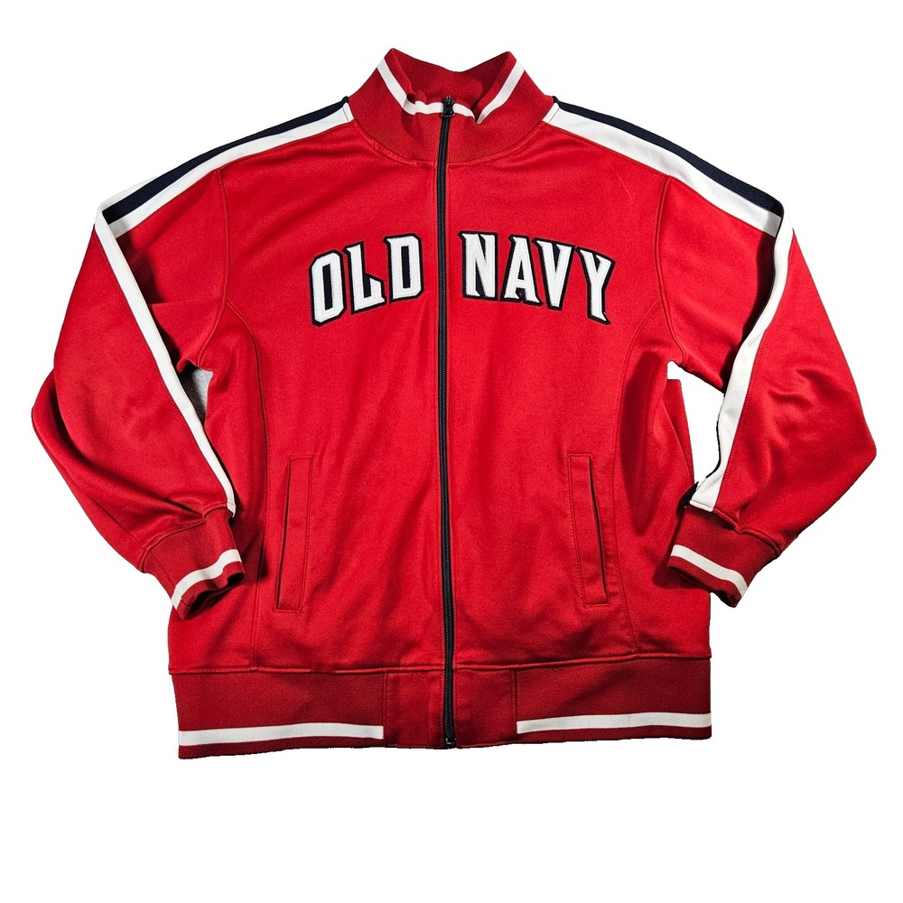 Old Navy Mens Y2k Red Sporty Track Jacket Full Zip Collegiate Logo Striped Sz XL